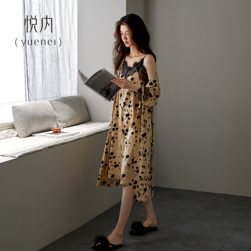 悦内带胸垫睡衣女士睡袍春秋款纯棉长袖夏季薄款吊带睡裙两件套装