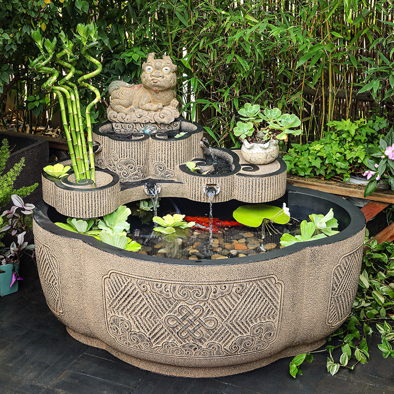 户外大型鱼池流水摆件新中式庭院花园圆形循环水喷泉水景造景布置