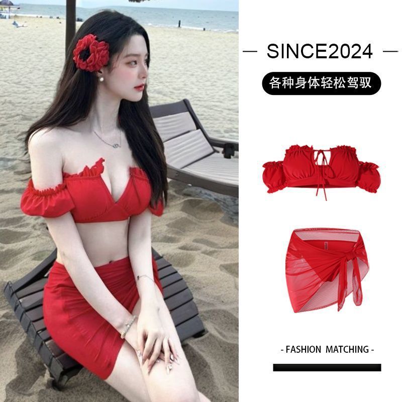 分体性感泳衣女士夏2025新款拍照比基尼红色大小胸聚拢泡潜水泳装