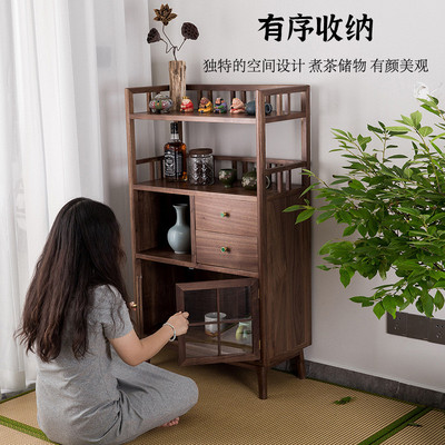 黑胡桃实木厨房置物架收纳架多功能一体靠墙展示架防尘落地储物架