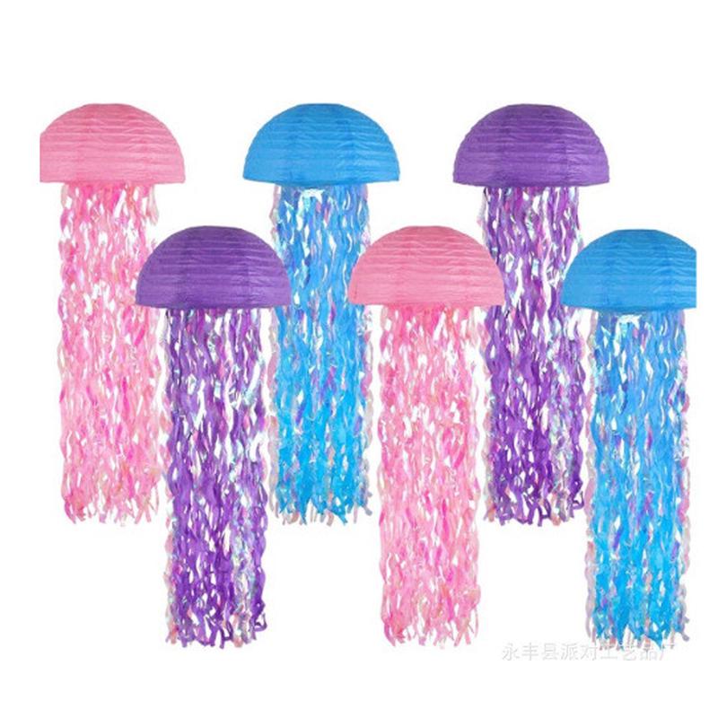 批发彩色水母半圆悬挂美人鱼主题派对海底生日装饰纸灯笼彩膜灯笼