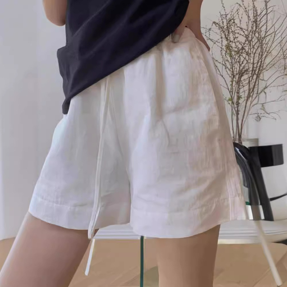 白色棉麻运动阔腿短裤女夏季薄款松紧腰抽绳小个子亚麻a字五分裤