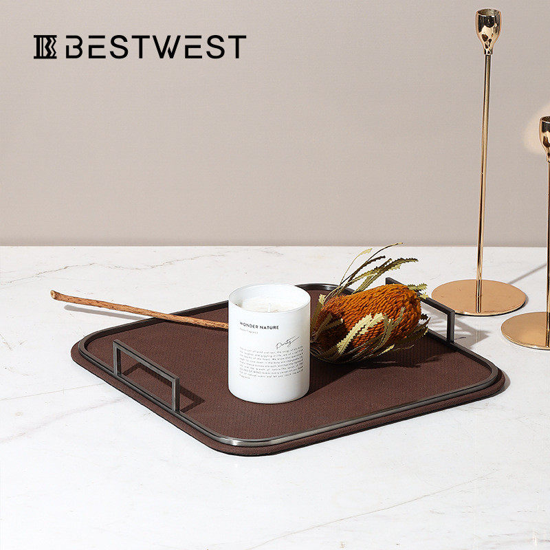家居新宠：热销托盘西家居棕色几何方形博皮质轻奢现代简约桌面皮革收纳置物，无锡良日五金企业店独家推荐！