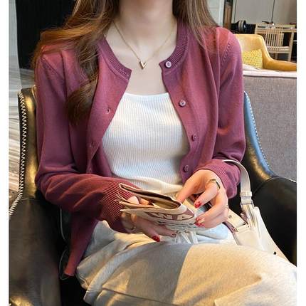 圆领开衫女外穿2025新款宽松内搭打底衫薄款春秋毛衣低领
