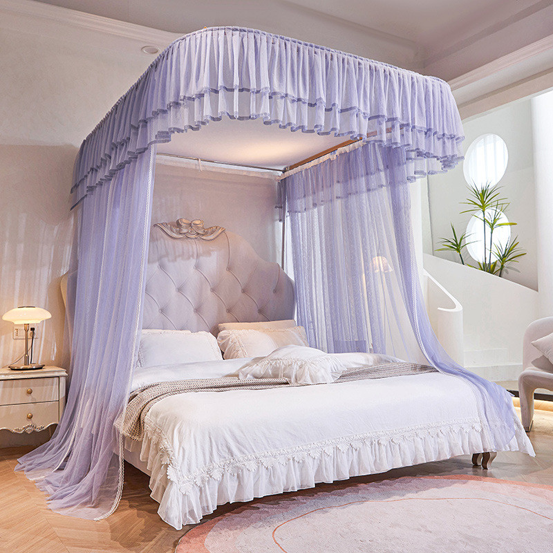 热销2024奶油风U型导轨双层花边落地导轨蚊帐紫色三开门公主风加