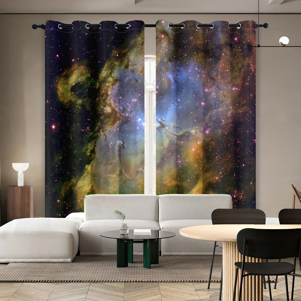 宇宙挂钩数码印花黑丝遮光布打孔星空穿杆客厅卧室窗帘批发厂家