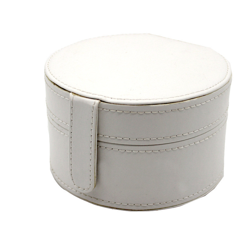 PU白色圆筒皮革珠宝盒圆形翻盖双层首饰收纳盒