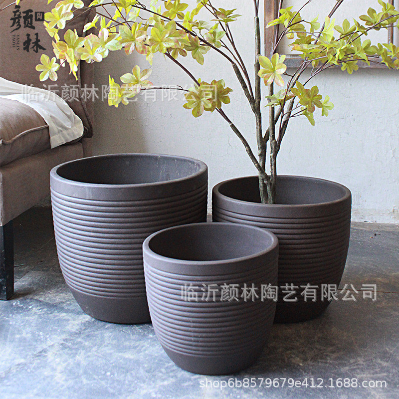 螺纹北欧花盆盆粗陶盆紫砂材质咖啡色花盆小号中号盆简约素色陶盆