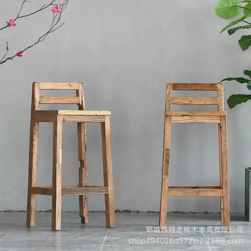 厂家批发奶茶店加高实木吧台椅老榆木实木靠背椅老榆木前台高脚椅