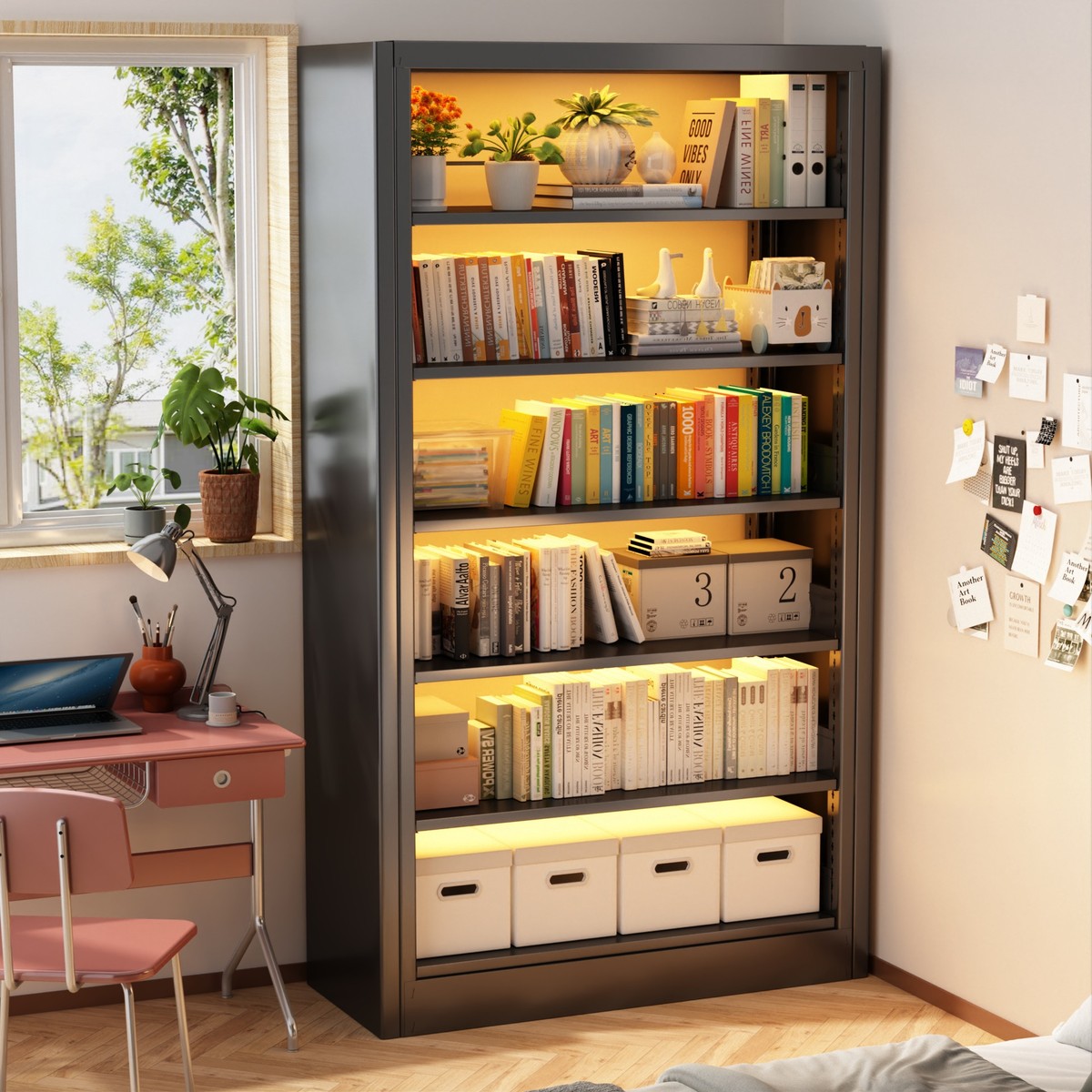 家用图书馆钢制书架一体靠墙落地置物架多层铁艺学生儿童收纳书柜