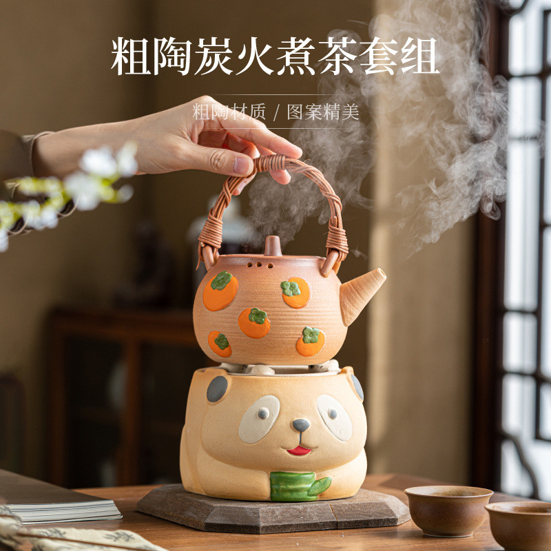 创意手绘围炉煮茶全套 原矿粗陶煮茶炉可干烧可爱家用陶瓷 煮茶器