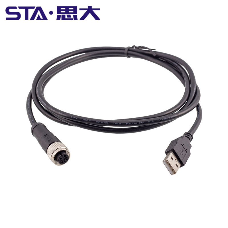M12转USB连接器4芯5芯M12公头母头接USB2.0数据线1M2M5M长度定制