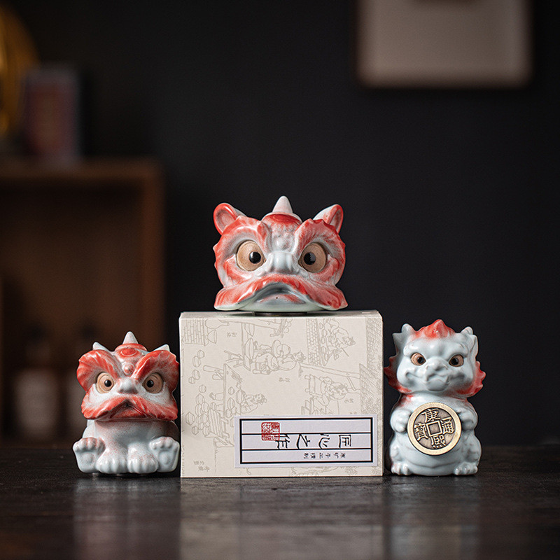 热销中式汝窑瑞兽醒狮龙萌茶宠摆件可养开片茶具茶盘桌面手把件茶