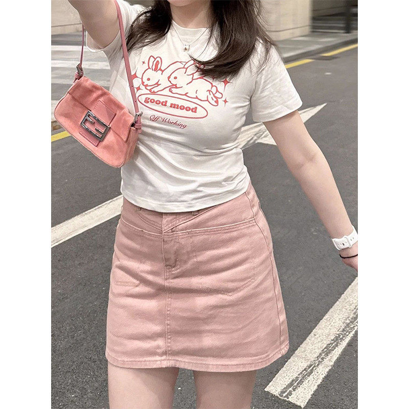 大码甜美可爱粉色牛仔女胖mm夏季显瘦a字包臀