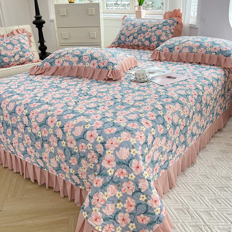 kbq1小碎花田园风夹棉绗缝床盖单件榻榻米床单厚床铺盖三件套四季