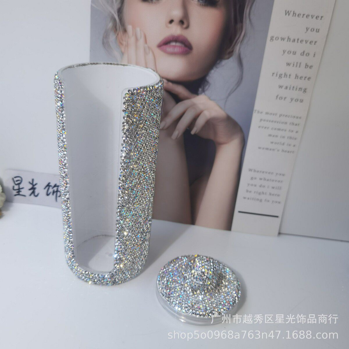 镶钻亚克力塑料大号化妆棉盒高级圆形开口棉签盒化妆工具收纳盒