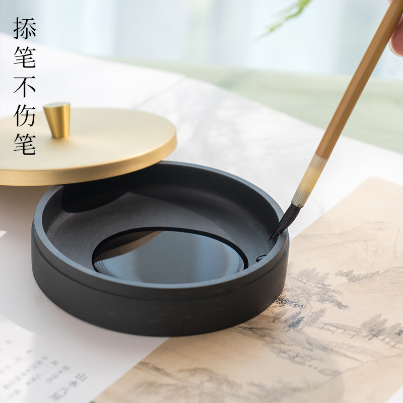 热销火锅砚台墨池带盖文房四宝毛笔书法专用干防墨海圆形墨盒砚台