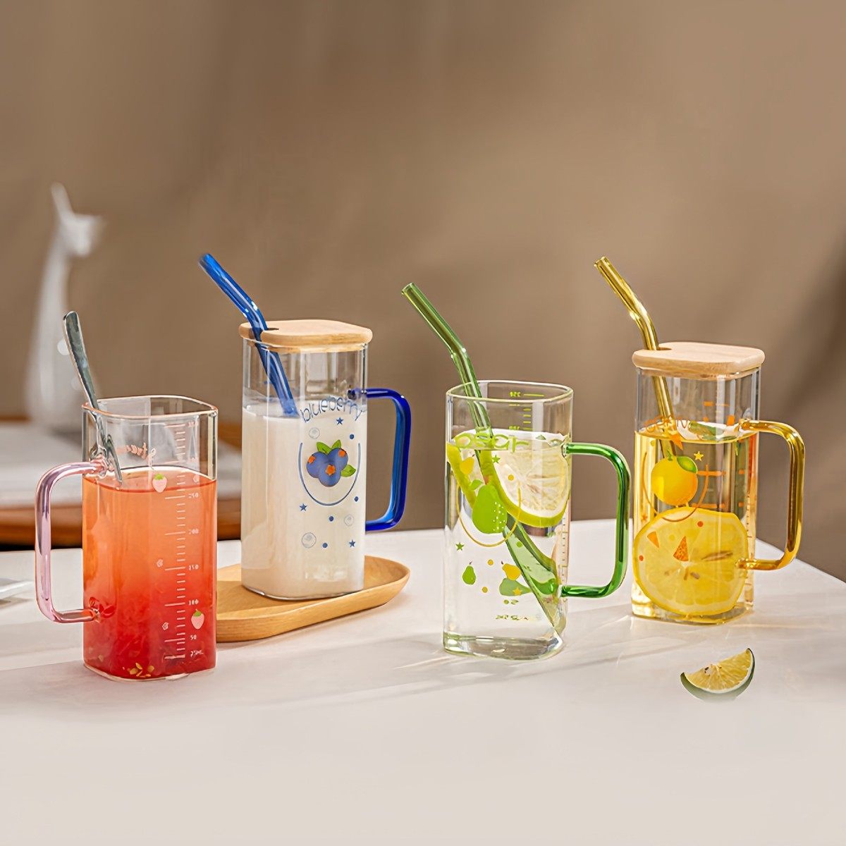 高硼硅玻璃杯ins刻度吸管耐热水杯家用高颜值印花杯少女心礼物