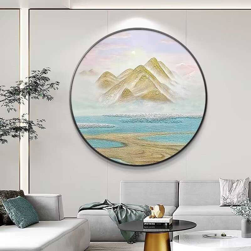 纯手绘油画新中式金山圆形装饰画现代抽象山水肌理画茶室过道走廊