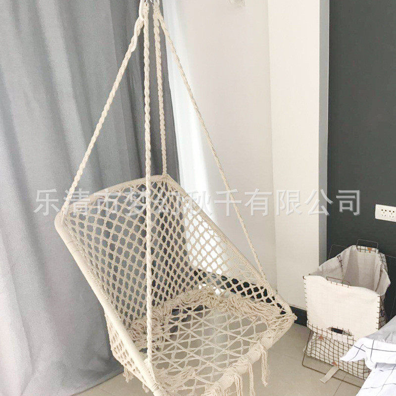ins户外网状北欧手工棉绳编制民宿秋千室内装饰阳台吊椅方形吊篮