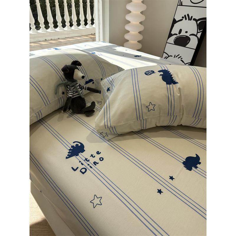 约蓝色条纹恐龙纯棉床笠床单单件1.35米保护套全棉床罩宿舍男生,床上用品,床单,淘宝优惠券,粉丝福利购,淘宝优惠卷