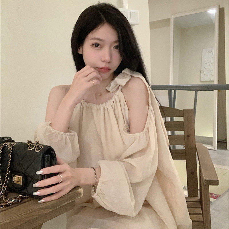 大码宽松胖妹妹mm夏季挂脖设计感小众甜辣风露肩绑带长袖衬衫