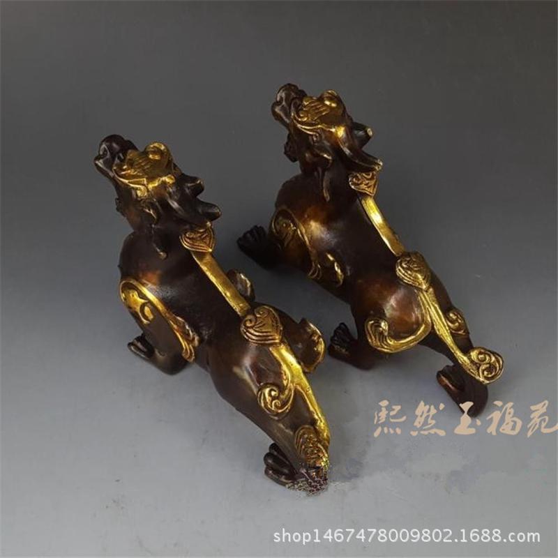仿古纯铜貔貅如意鎏金大小号鎏金貔貅摆件一对古玩铜器礼品