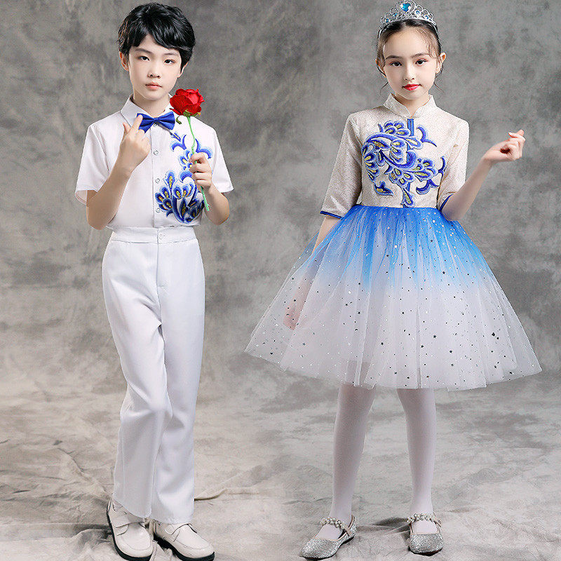 青花瓷六一儿童唱服小学生表演服装蓬蓬裙舞蹈服