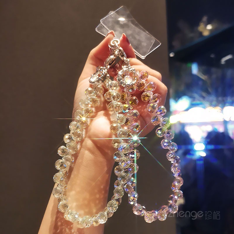 手机挂绳水晶水滴珠短款手提链手腕钢丝绳手工串珠ins风闪钻女款