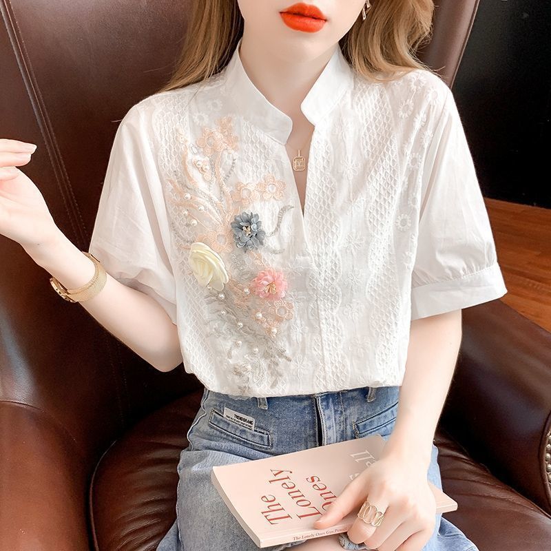 现货2025夏装新款韩版重工亮片刺绣花朵装饰V领短袖衬衫女休闲衬