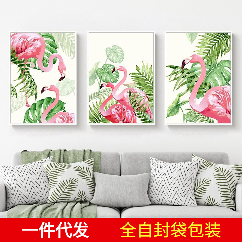 5D钻石画满钻石绣客厅三联画比翼双飞火烈鸟贴钻十字绣2019新款