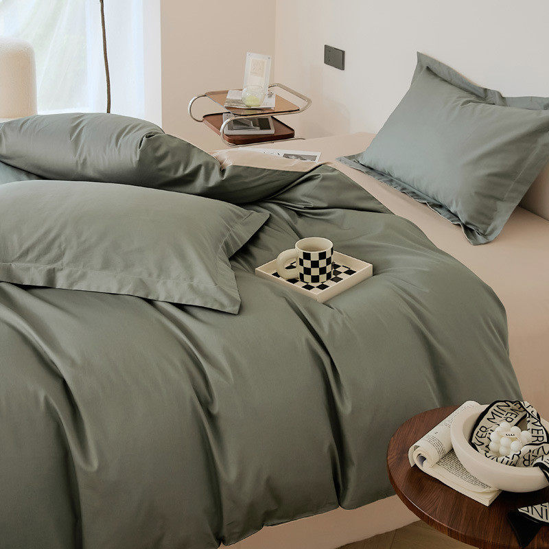 新款纯色高级感100s双拼长绒棉四件套全棉被套1.8床笠四季裸睡