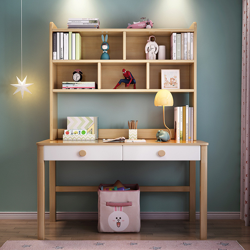 热销儿童书桌书架组合一体实木学习桌椅初中生卧室中学生家用写字