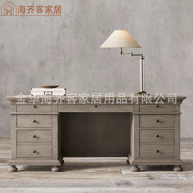 海齊客美式鄉(xiāng)村法式復古做舊橡木書桌歐式辦公桌電腦桌實木寫字臺