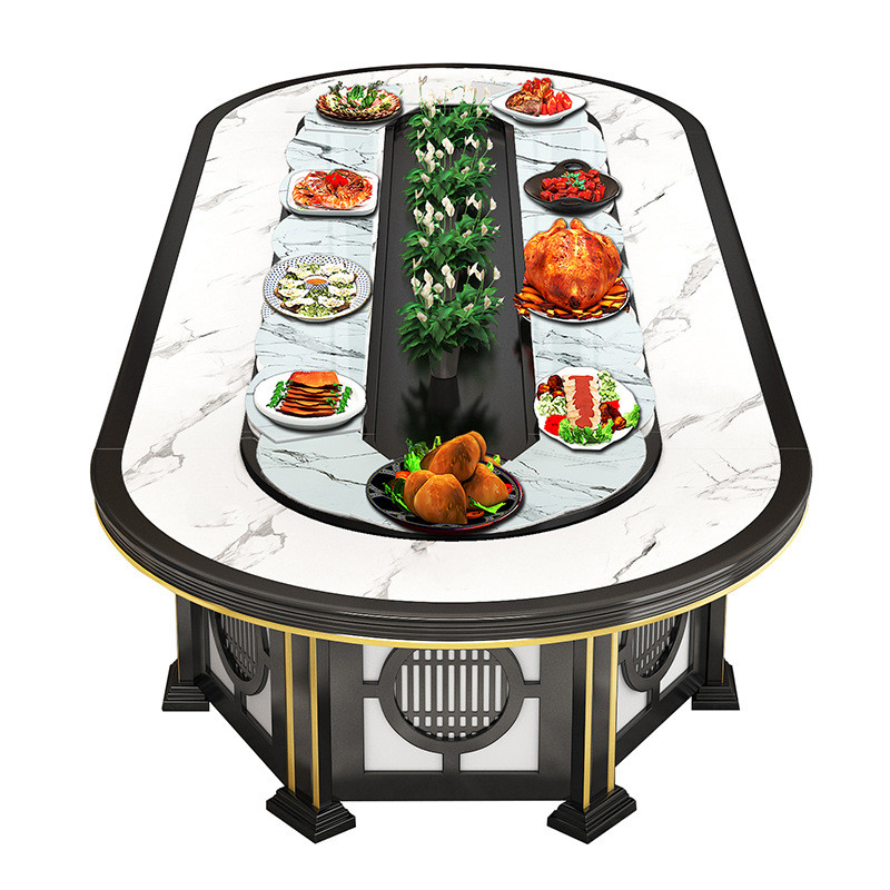 热销新中式酒店饭店岩板椭圆电动餐桌20人长方形旋转小火锅桌商用