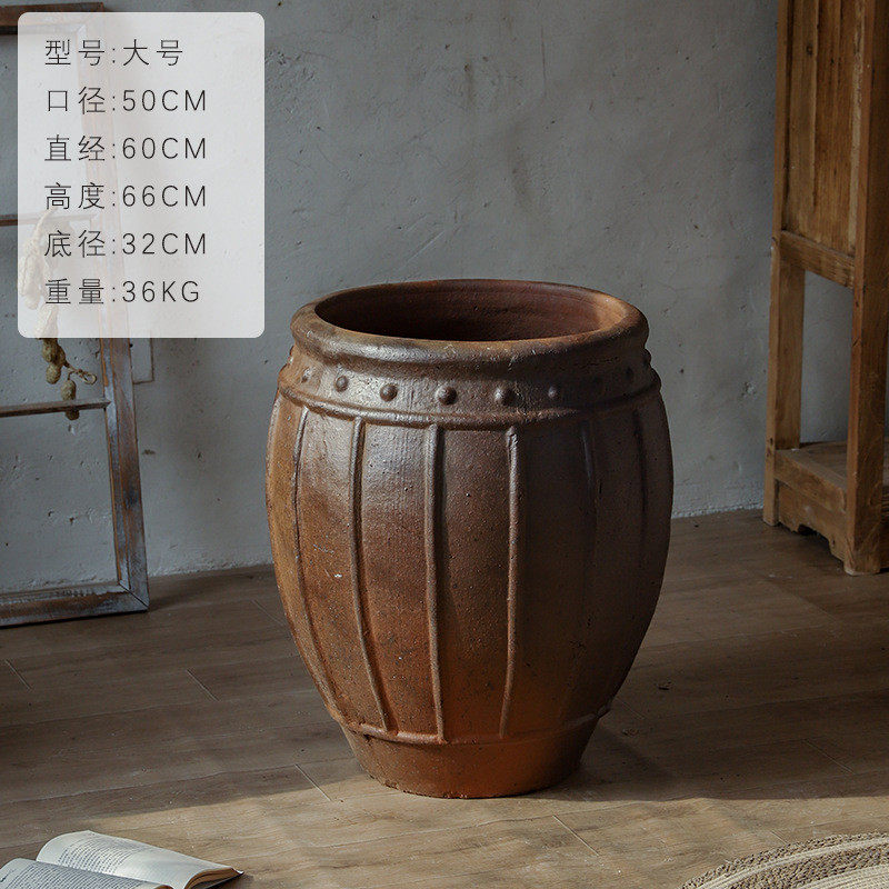 桶寂装饰陶罐花盆土色陶盆侘形花器民宿陶器乡村土器田园陶缸高盆