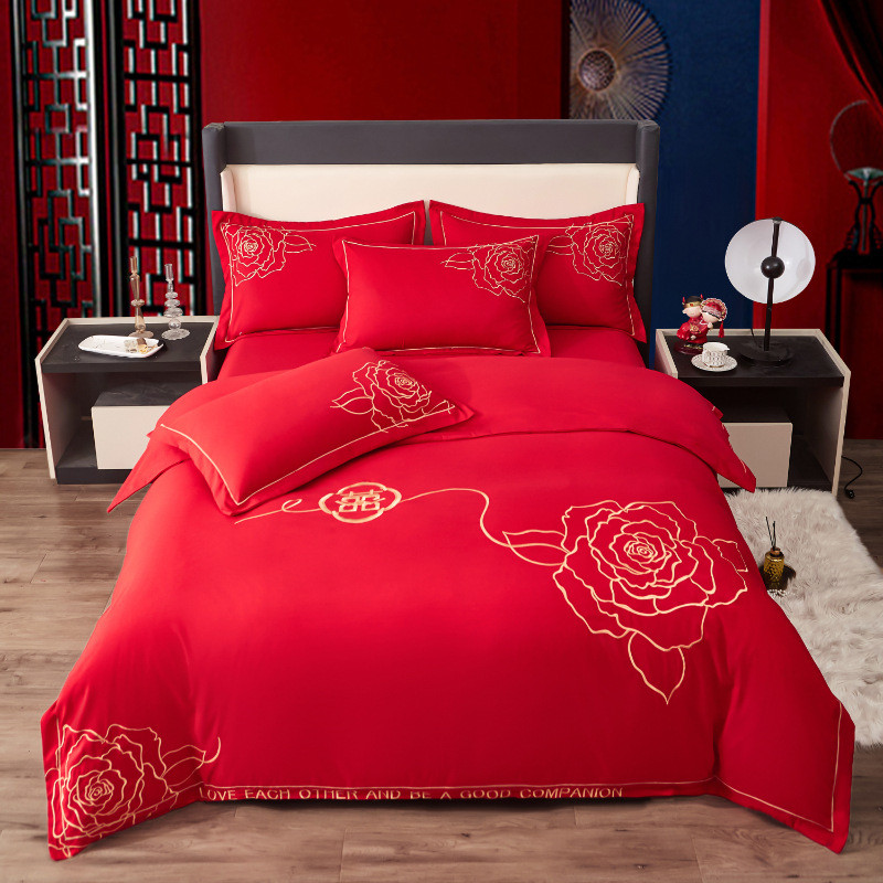 热销时尚中式龙凤刺绣高档婚庆四件套结婚大红色床单被套陪嫁批发
