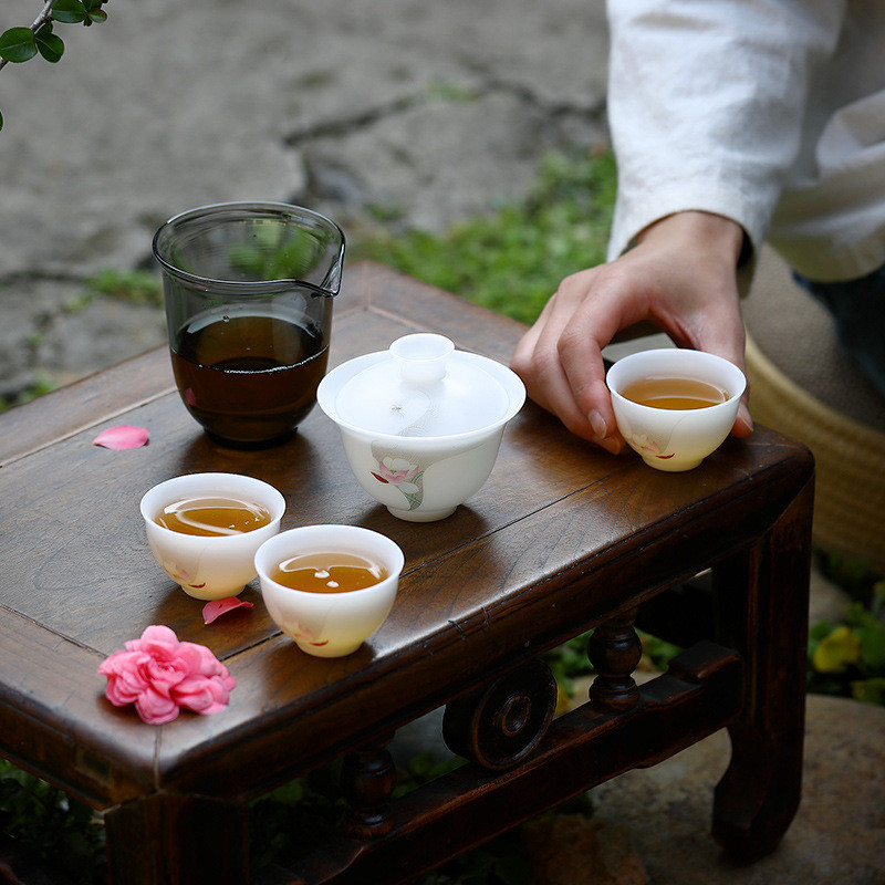 热销德化冰晶玉瓷高透三杯旅行茶具一盖碗白泥一公杯便携小号