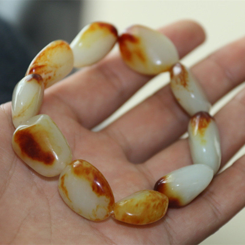 新疆和田玉籽料原石手链批发  和田白玉随型枣红色男女款手串