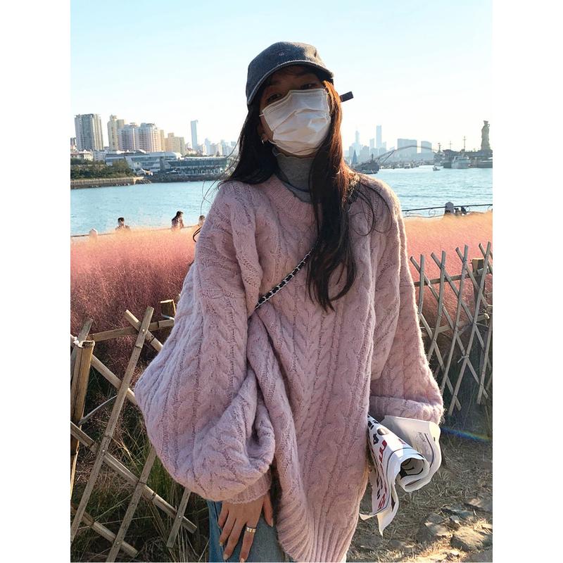 麻花毛衣女2024新款秋冬宽松外穿慵懒风加厚软糯中长