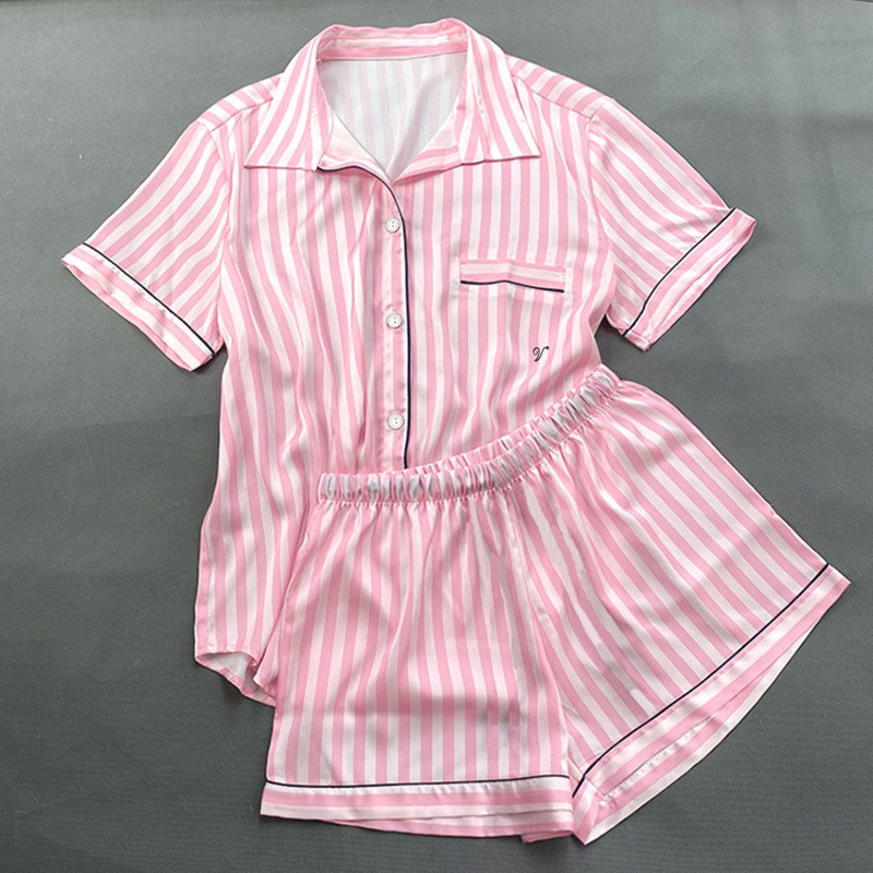 简约冰丝睡衣女夏季新款短袖粉色条纹可外穿高级感家居服套装批发