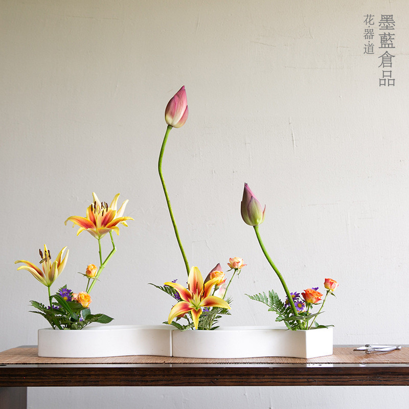 小原流花器曲型s型日式花道组合盘创意陶瓷花盆花艺插花入门器皿