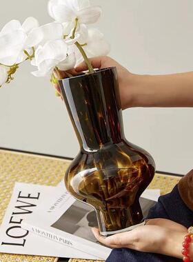 热销高级感复古玄关客厅装饰品艺术餐桌摆件玳瑁中古玻璃花瓶