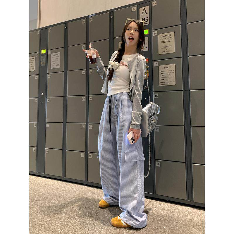 荒荒家 口袋细条纹2025夏季薄款直筒宽松阔腿束脚裤女