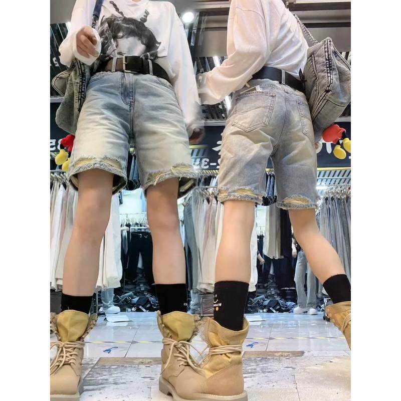 破洞蓝色阔腿牛仔五分裤2024年夏季新款大码梨形宽松显瘦热裤,女装/女士精品,大码裤装,淘宝优惠券,粉丝福利购,淘宝优惠卷