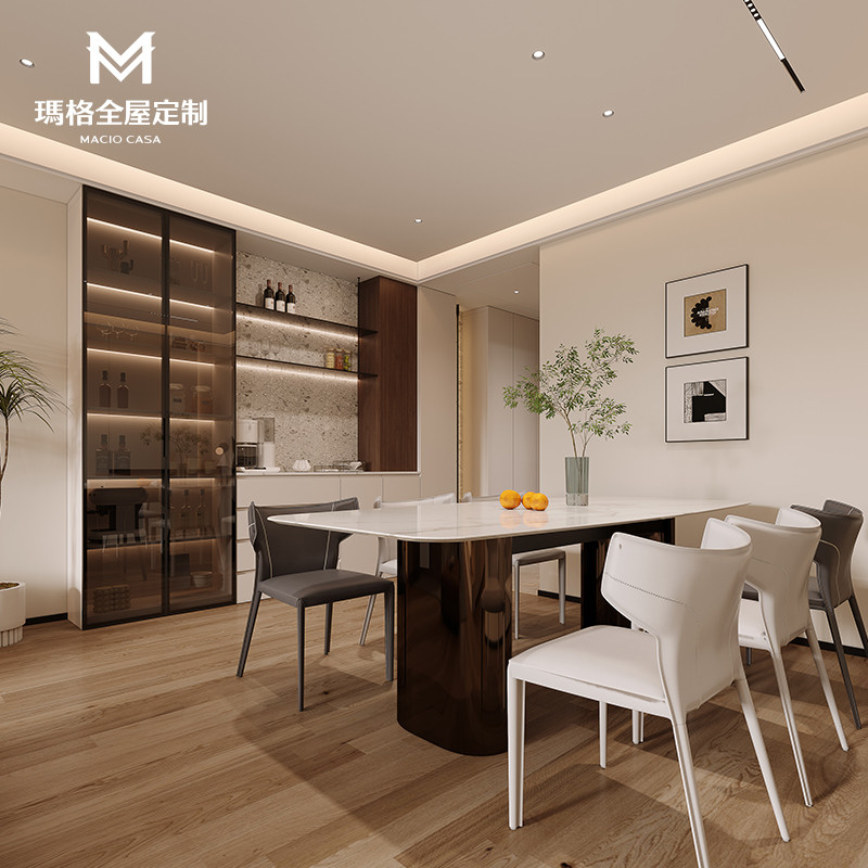 玛格客厅全屋定制简约奶油玻璃酒柜餐边柜电视柜满墙多功能组合