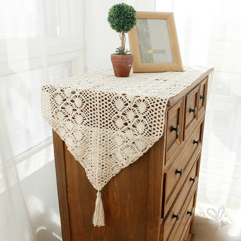 中式钩针棉麻桌旗复古美式乡村镂空布艺桌布茶几布电视柜繁星
