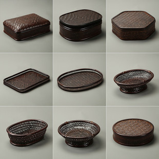 竹编复古圆盒带盖茶道收纳盒 碳化 点心干果收纳盒便携带盖竹盒