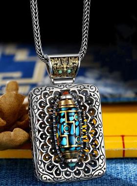 民族风纯银可转动绿松石九眼天珠银项链男小众配饰复古毛衣链男女