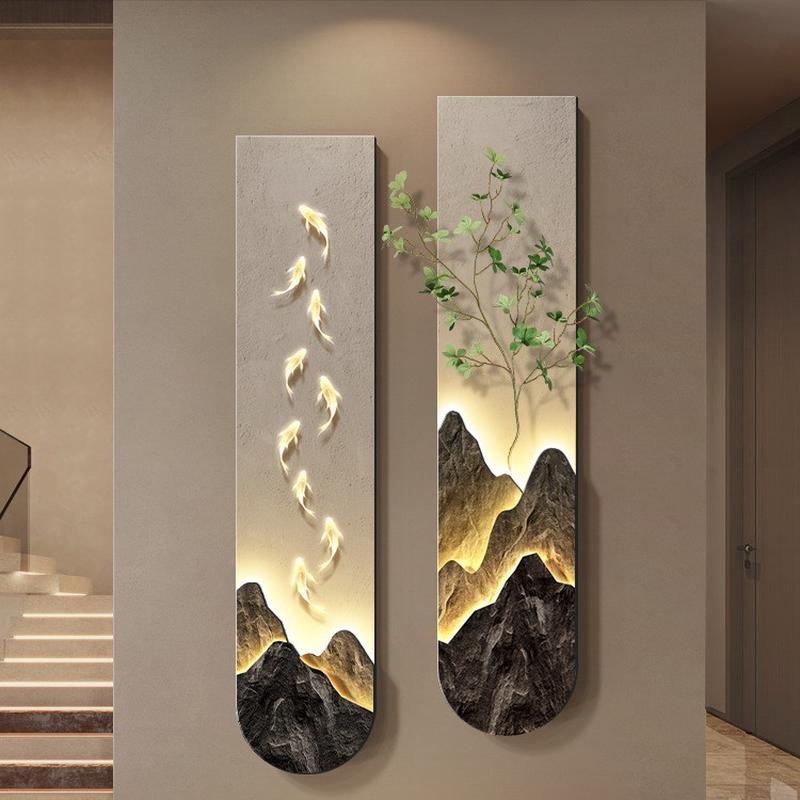 九鱼图玄关装饰画现代轻奢走廊尽头挂画立体背有靠山客厅双联壁画图片